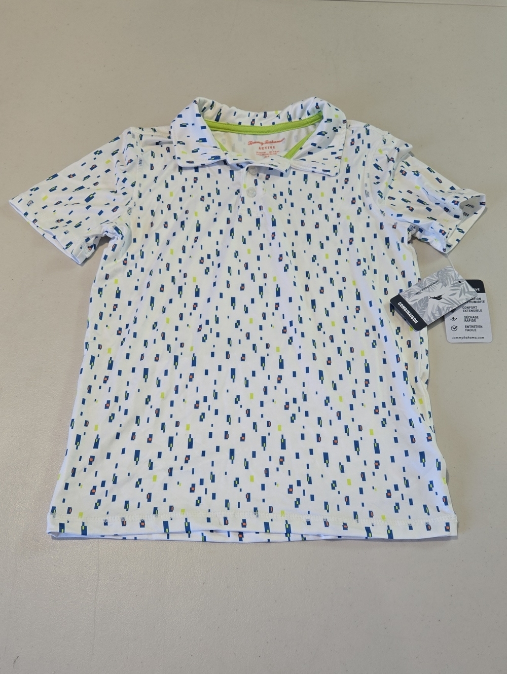 Tommy Bahama Boys White Polo Shirt with Blue & Green Print